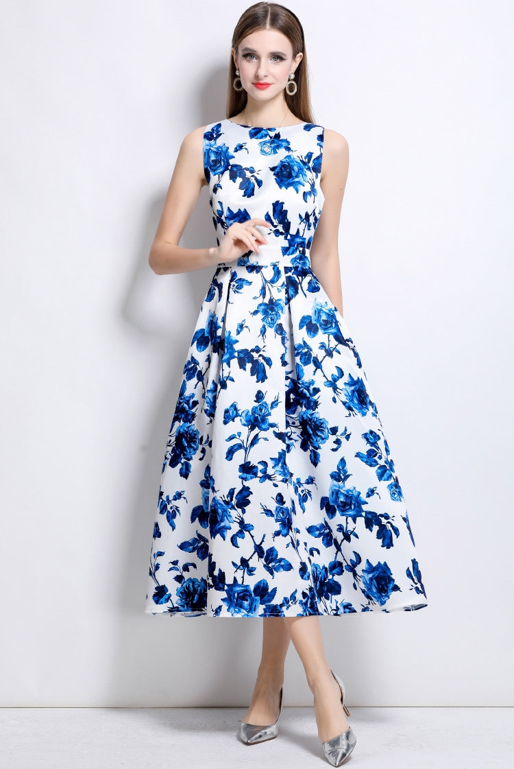 Sapphire Bloom Sleeveless Midi Dress