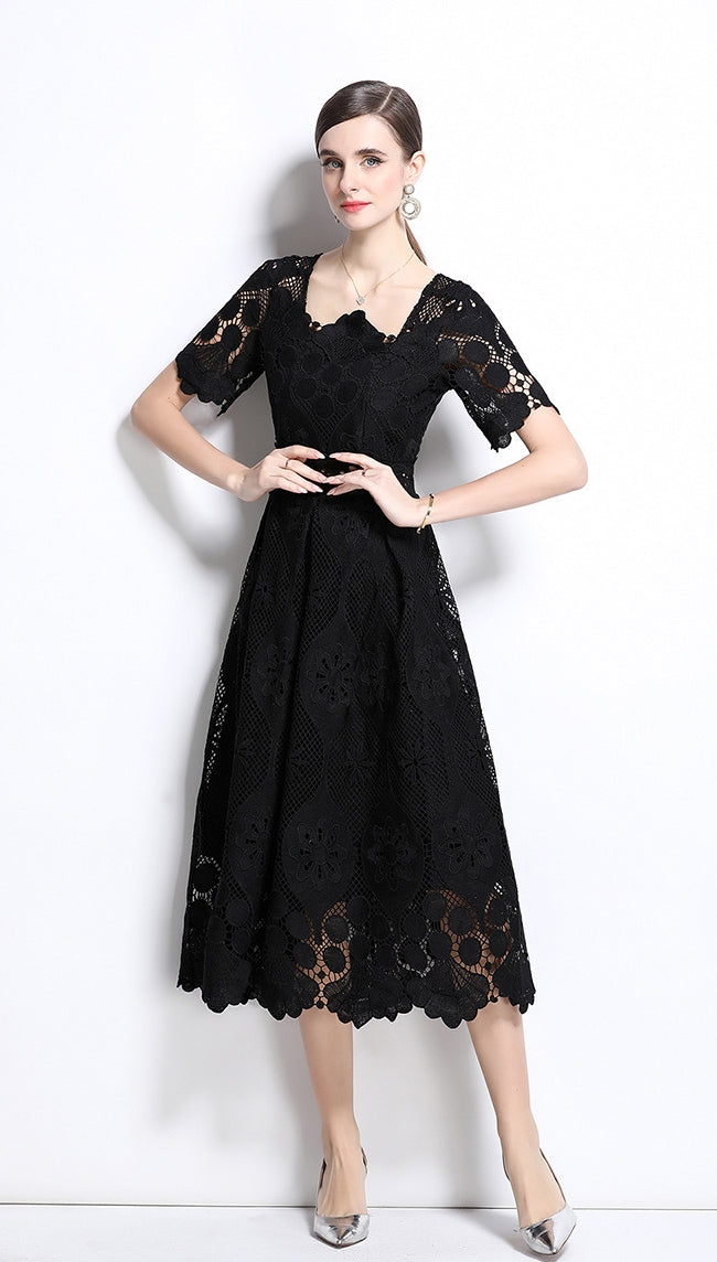 Elegant Black Lace Midi Dress