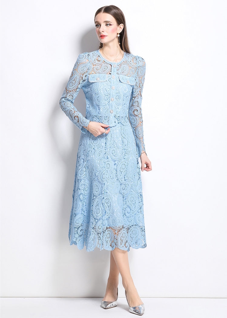 Elegant Long-Sleeve Lace Midi Dress – Sky Blue