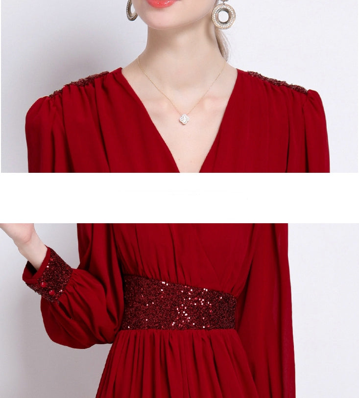 Crimson Elegance Sequin Waist Maxi Dress