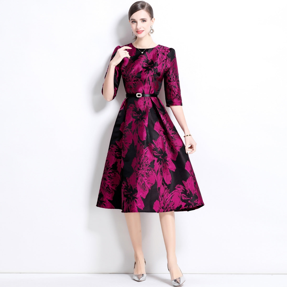Jacquard Fuchsia Dress With Fitted Vest and Hepburn skirt