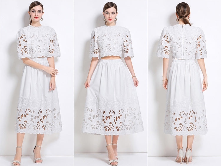 White Embroidered Cutout Two Piece Dress