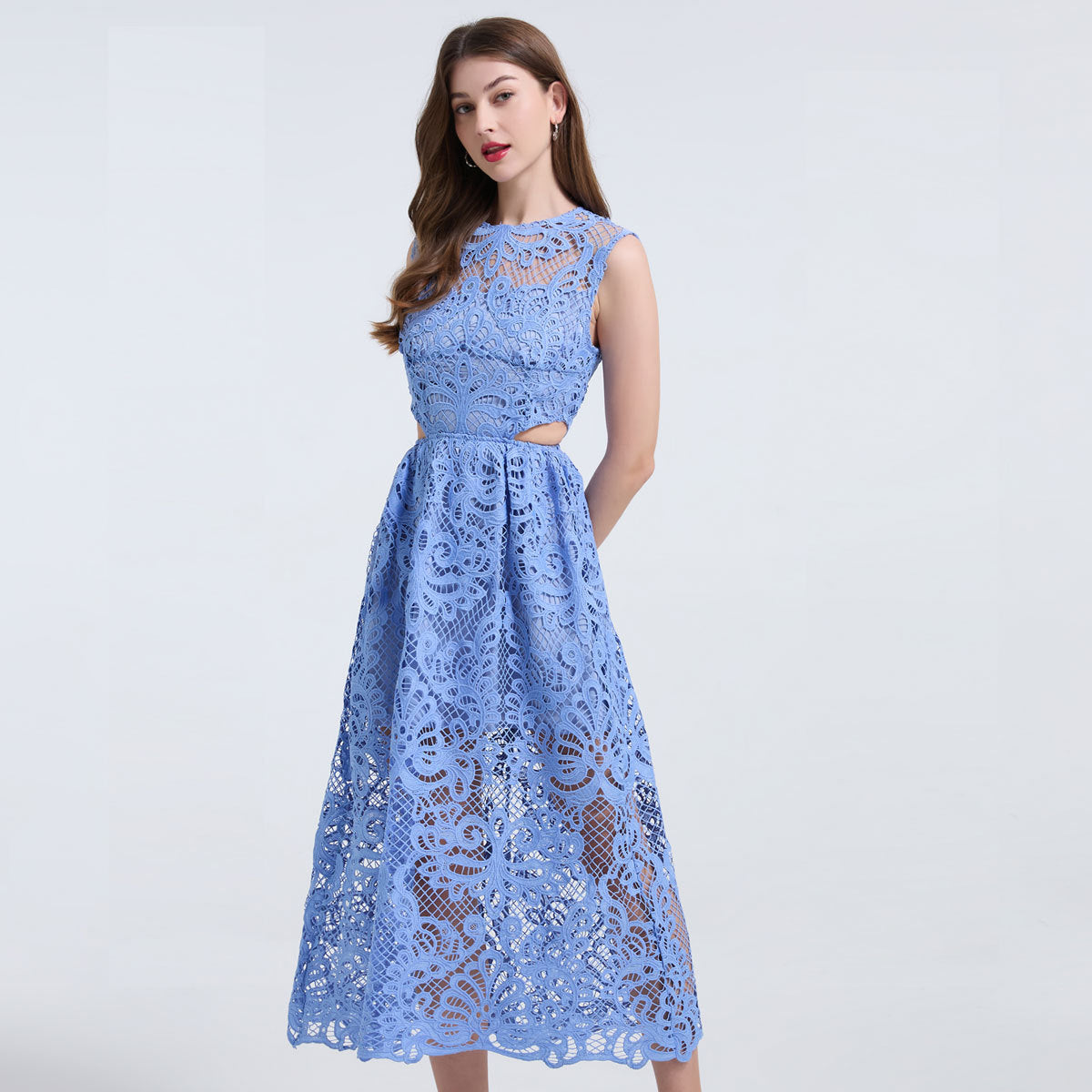 Elegant Sky Blue Lace Midi Dress