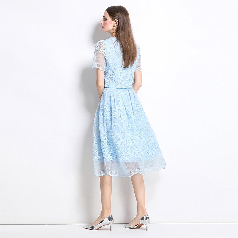 Elegant Lace Vintage Two Piece Midi Dress – Sky Blue