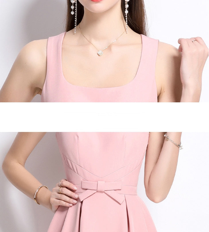 Elegant Rose Midi Bow Dress - 901083289296_PINK