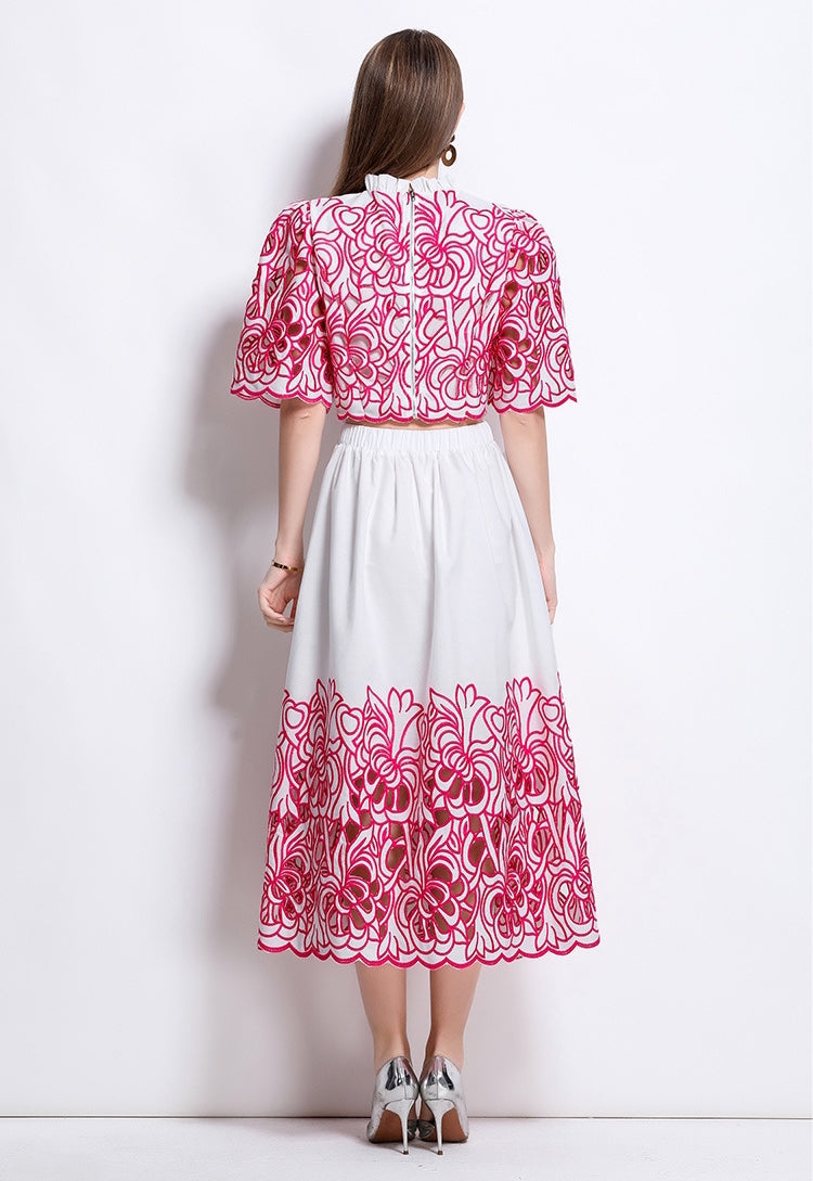 Red Embroidered Cutout Two Piece Dress