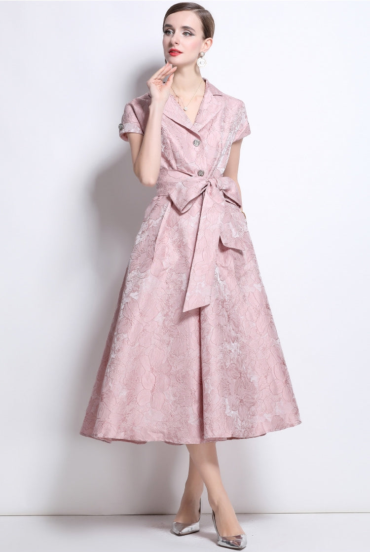 Elegant Rose Brocade Midi Dress - 913663767470_PINK