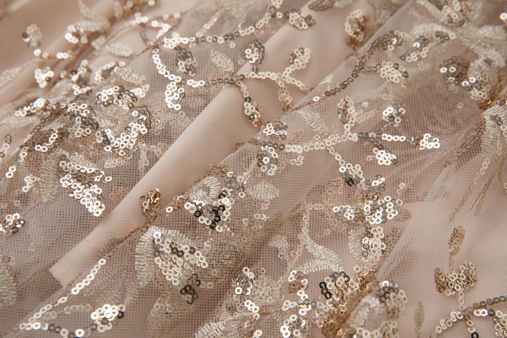 Champagne Gold Floral Sequin Tiered Maxi Dress