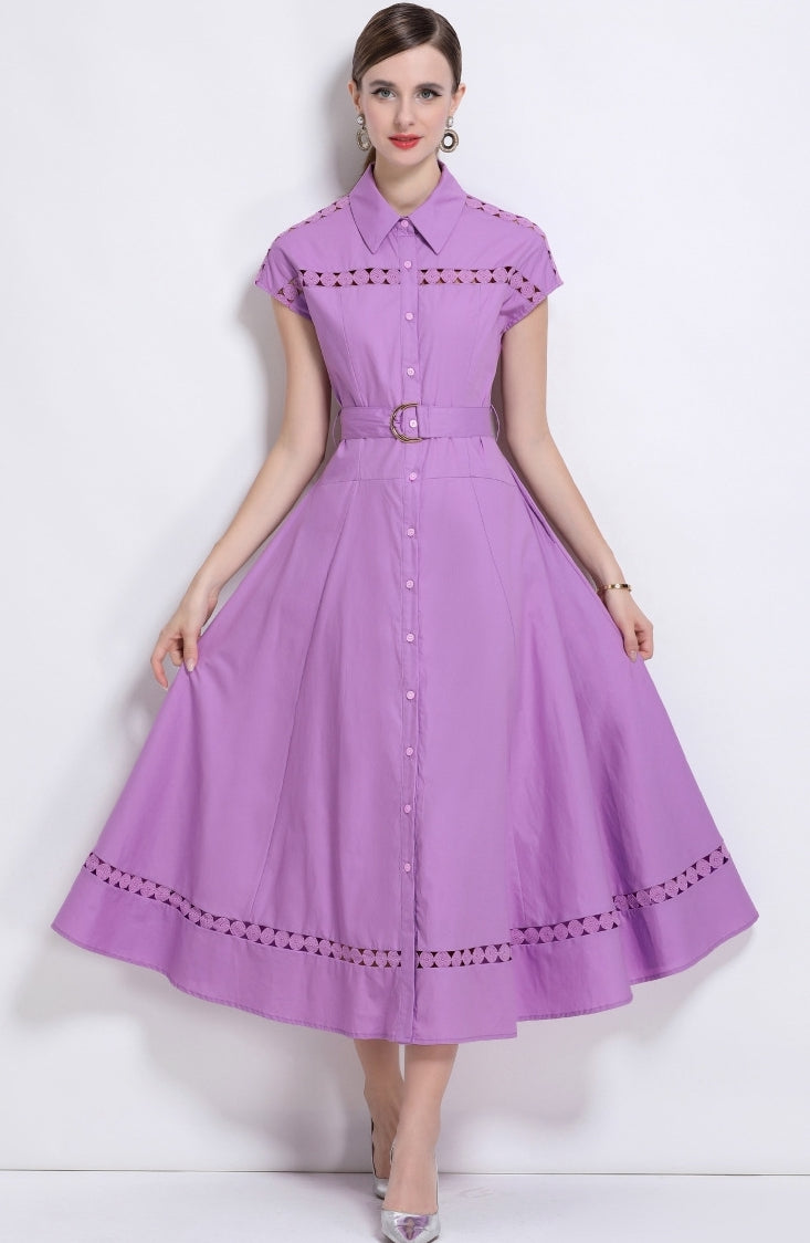 Lavender Charm Belted Shirt Dress