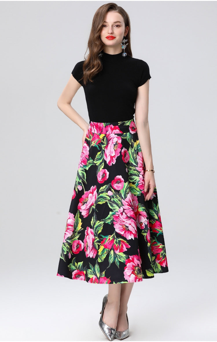 Floral High-Waist Midi Skirt Two Piece Set