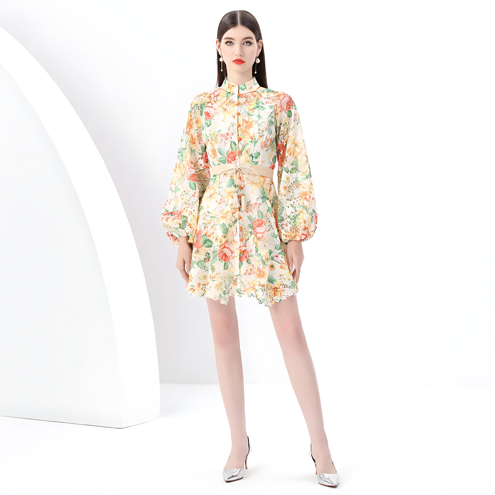 Floral Lace Belted Shirt Dress