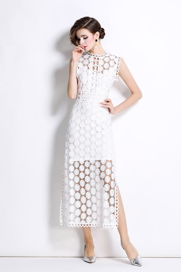 White Hollow-Out Lace Midi Dress