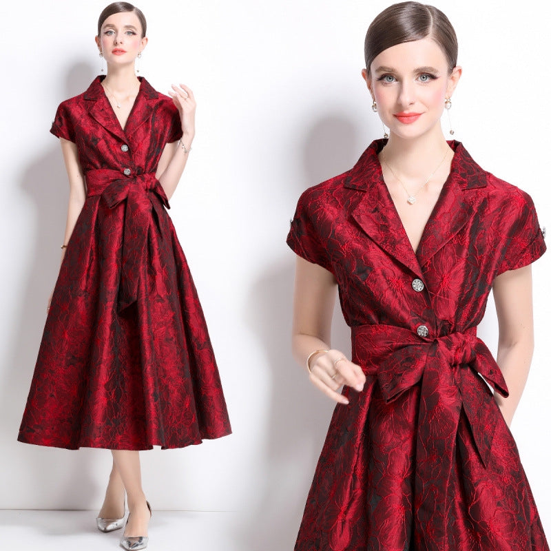 Crimson Elegance Brocade Midi Dress - 913663767470_RED
