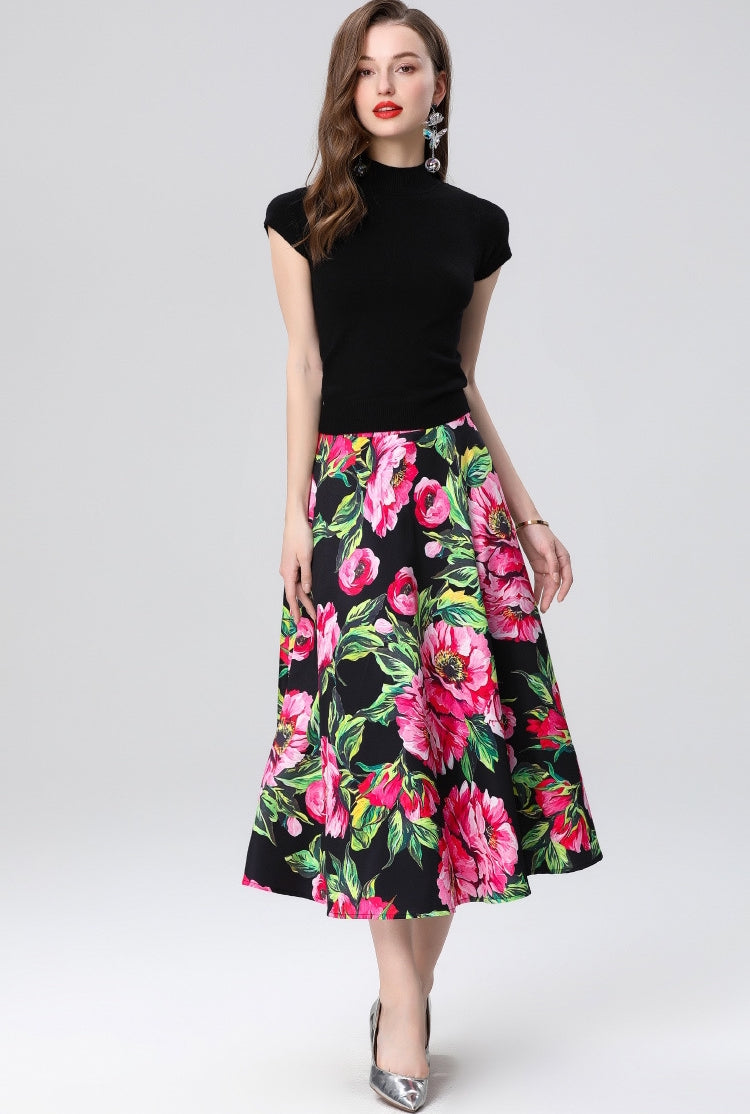 Floral High-Waist Midi Skirt Two Piece Set