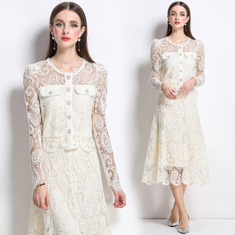 Elegant Long-Sleeve Lace Midi Dress – Ivory White