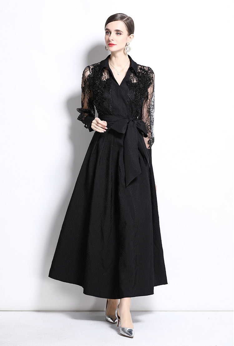 Black Lace Sleeve Belted Maxi Dress