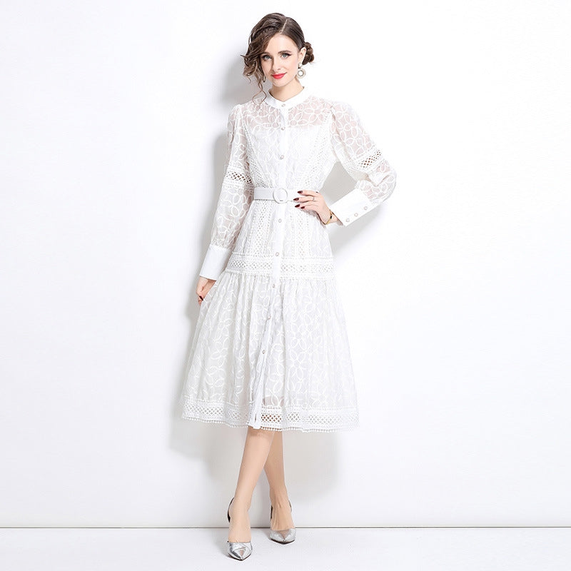 White Lace Belted Midi Dress