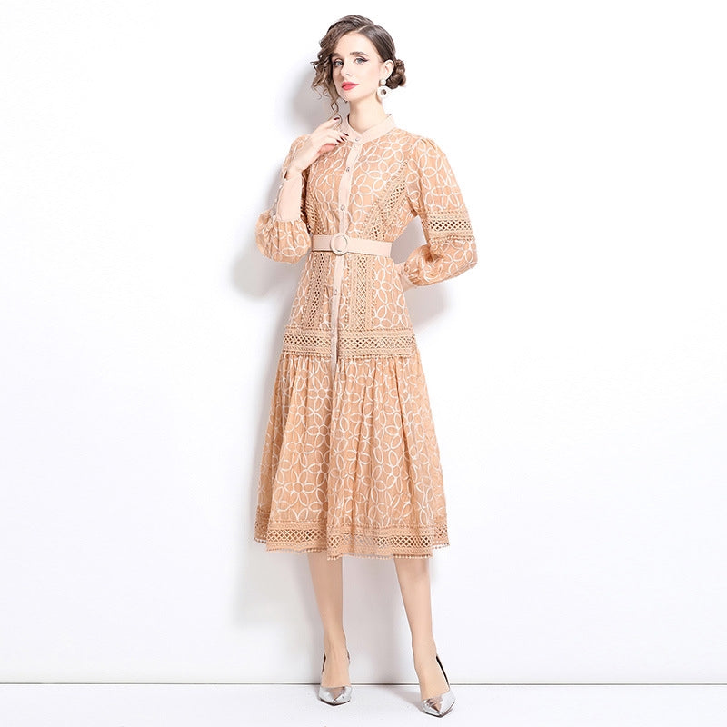 Elegant Apricot Lace Midi Dress with Belt