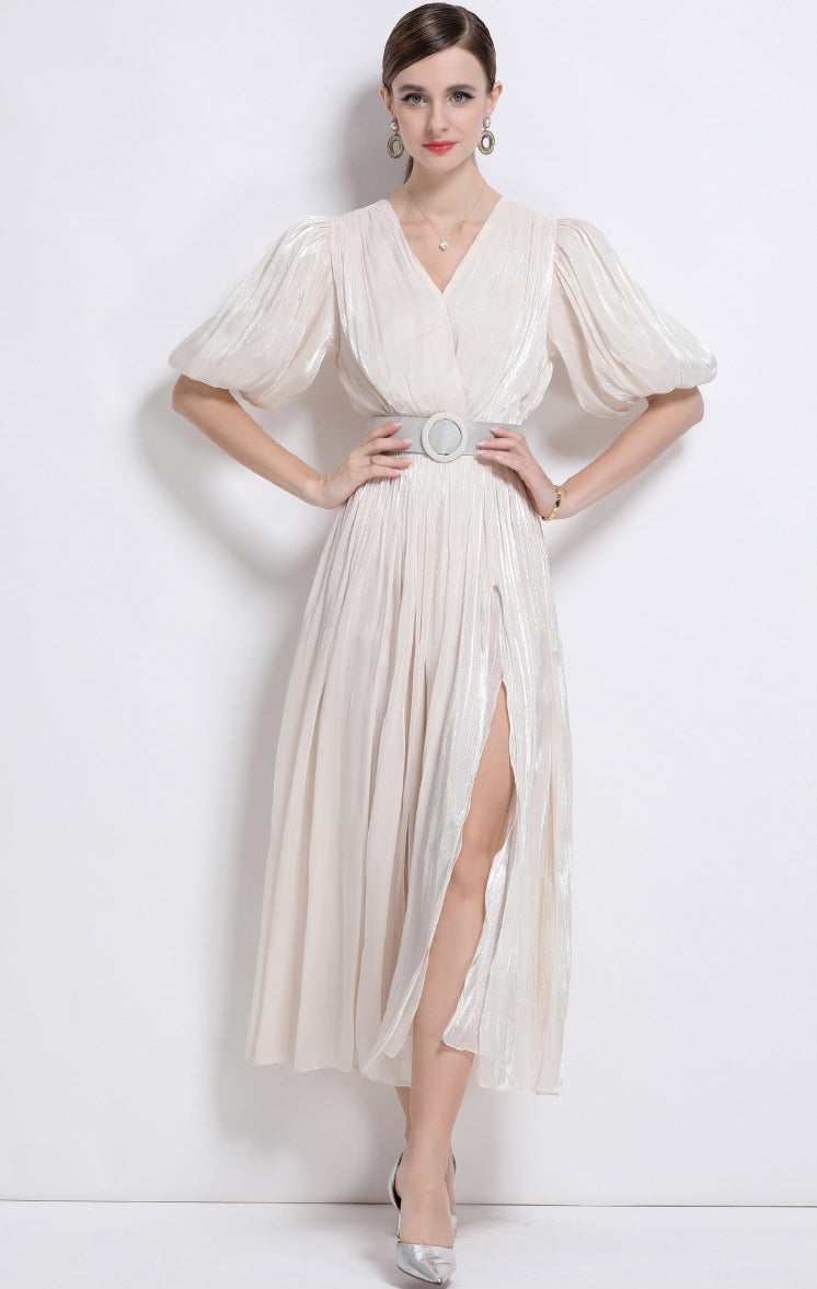 Ivory Grace Pleated Belted Dress - 920551704711_APRICOT