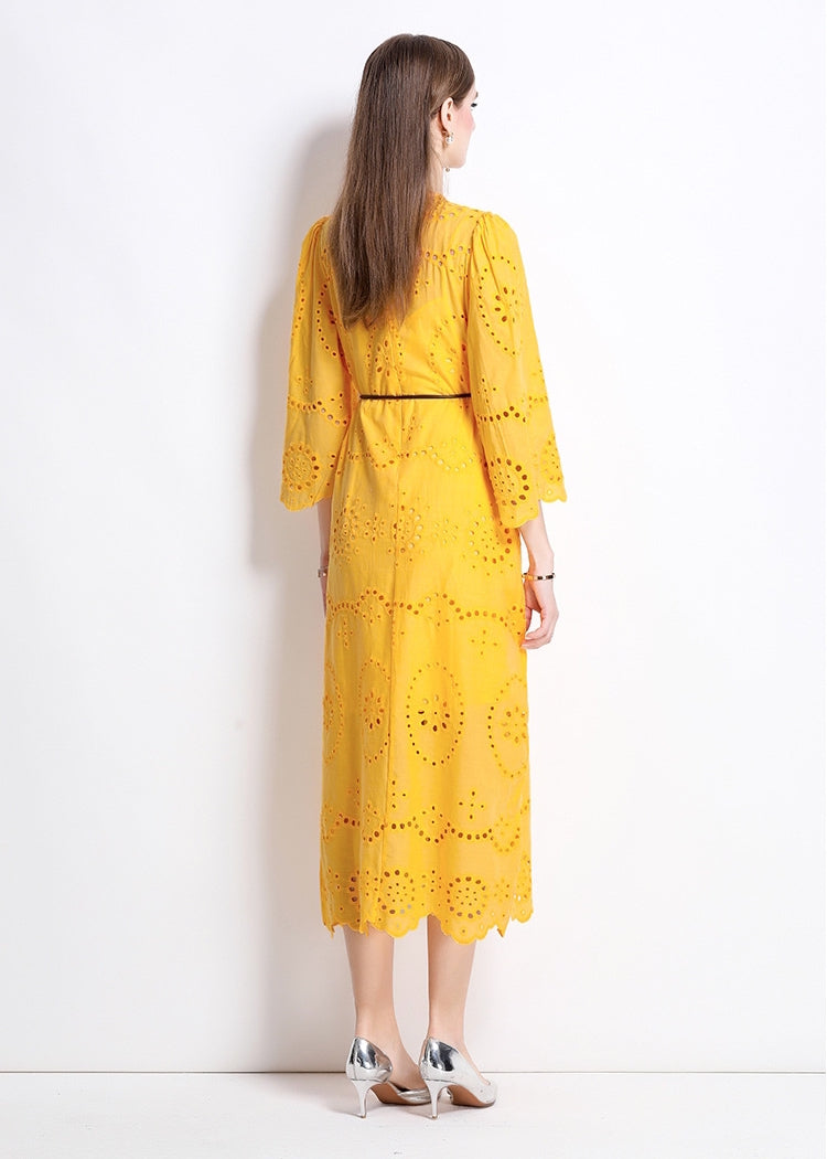 Sunburst Eyelet Belted Midi Dress - 902368523846_TURMERIC
