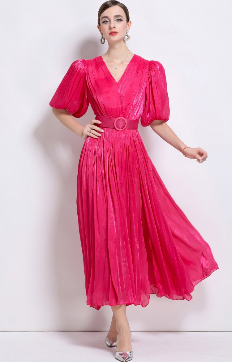 Radiant Rose Pleated Belted Dress - 920551704711_ROSERED