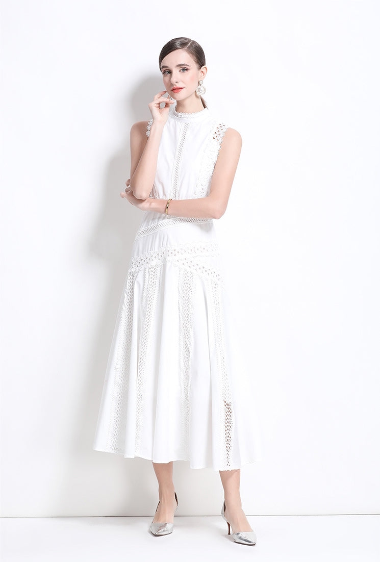White Sleeveless Lace Midi Dress