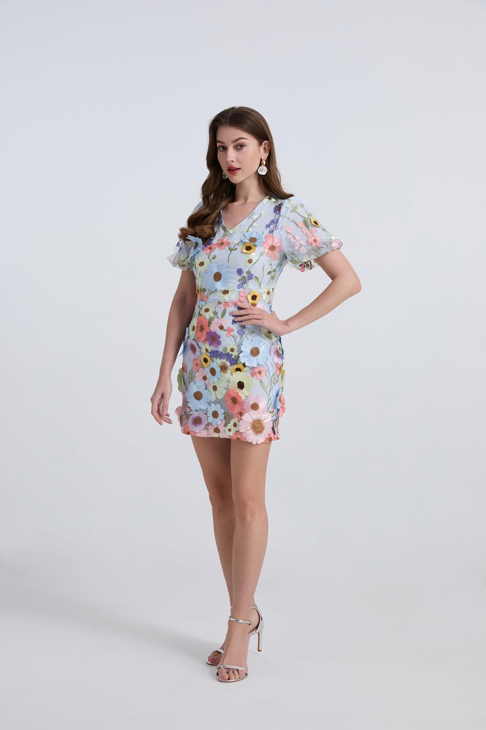Sky Blue Floral Embroidered Mini Dress