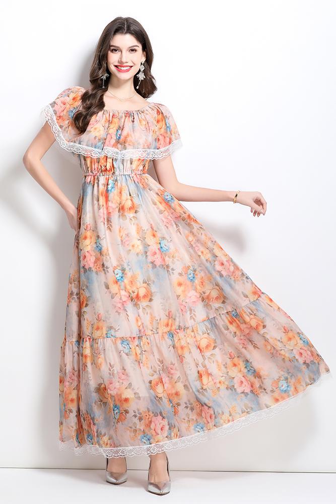 Vintage Off-Shoulder Floral Maxi Dress