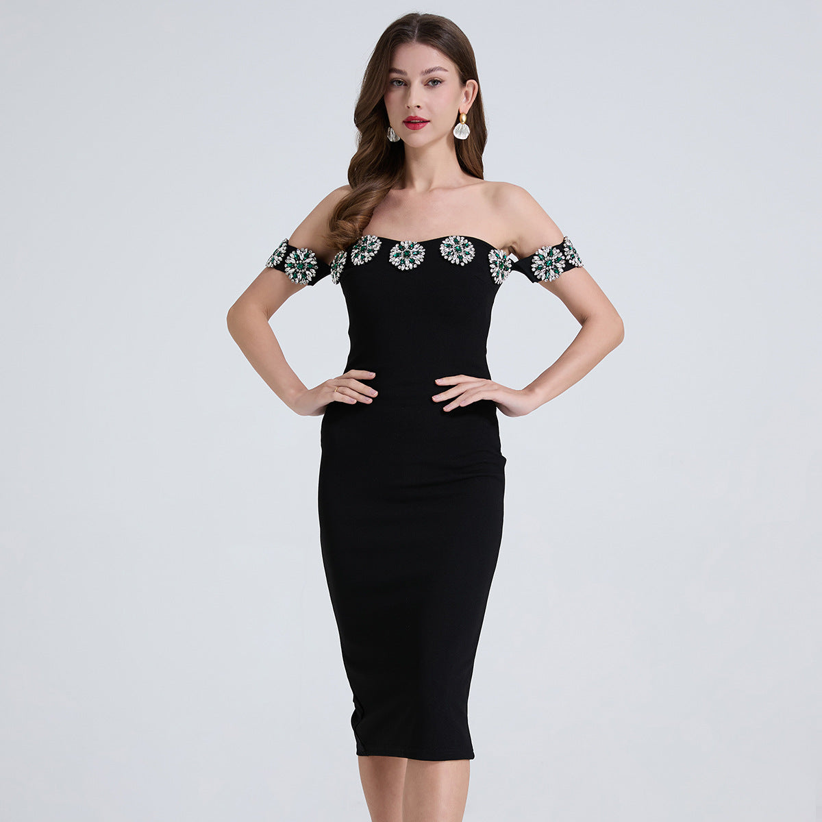 Off-Shoulder Embellished Midi Dress – Black