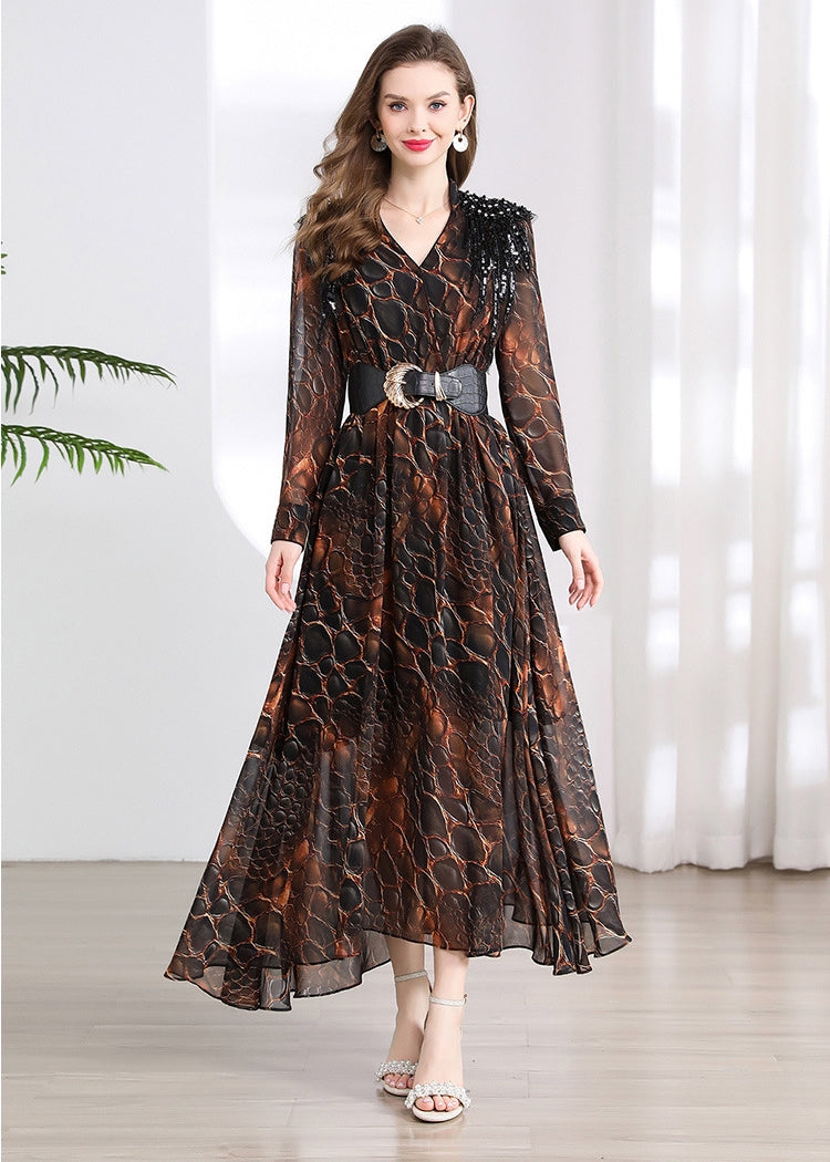 Elegant Serpentine Sheer Maxi Dress - 901487024172_BROWN