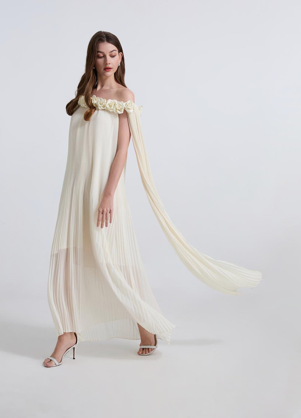 Ivory Floral Off-Shoulder Pleated Gown