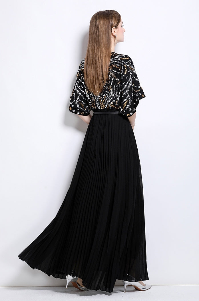 Celestial Black Sequin Pleated Maxi