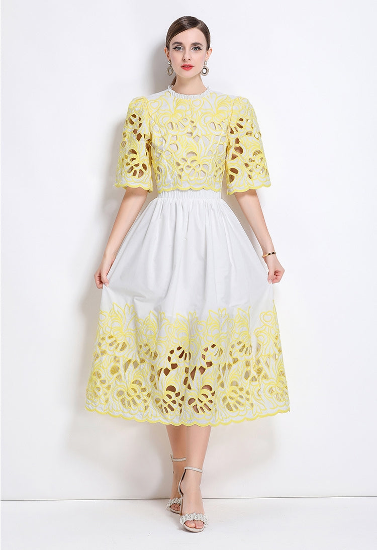Yellow Embroidered Cutout Two Piece Dress