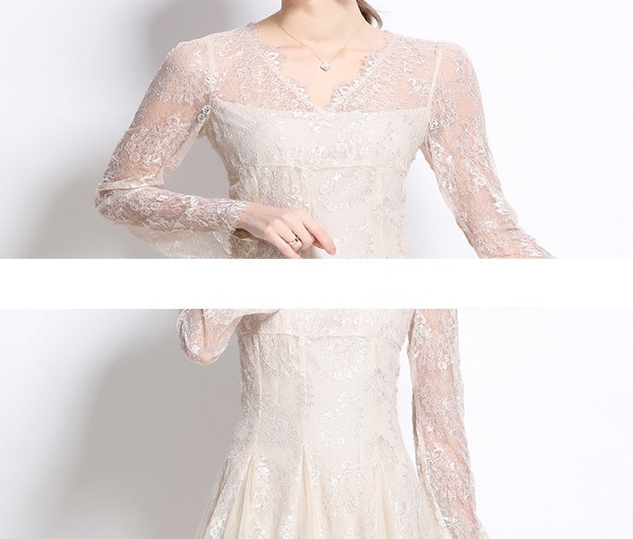 Ivory Lace Long-Sleeve Midi Dress