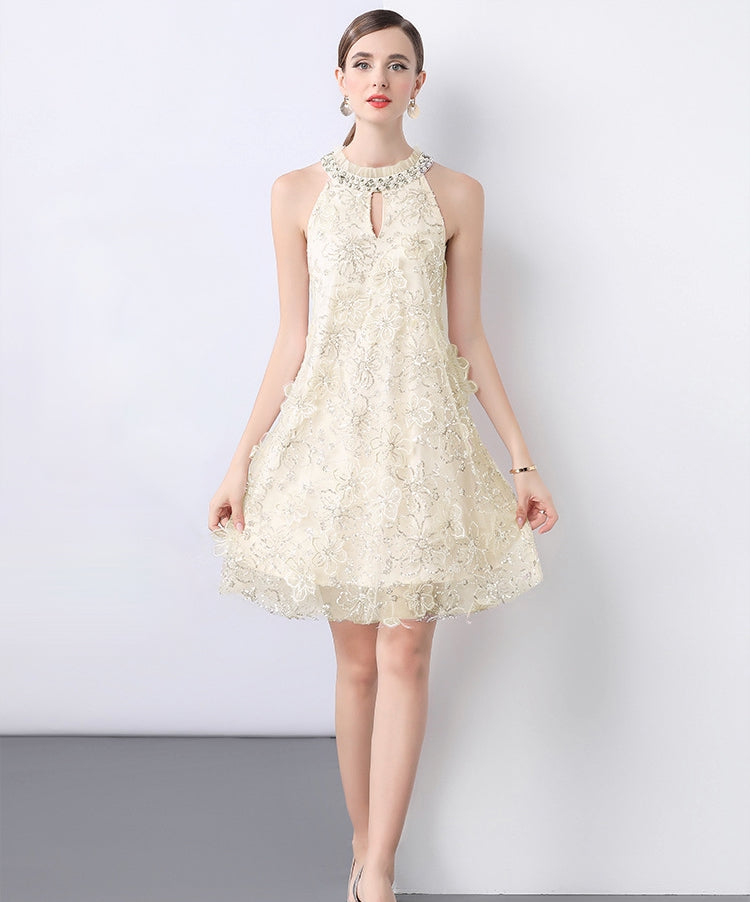 Elegant Pearl Embellished Lace Cocktail Dress