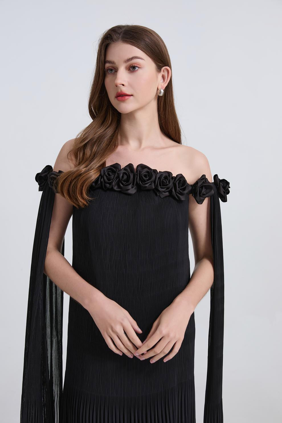 Black Floral Off-Shoulder Pleated Gown