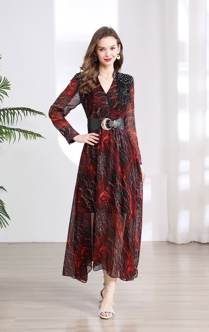 Fiery Serpentine Sheer Maxi Dress - 901487024172_CLARET
