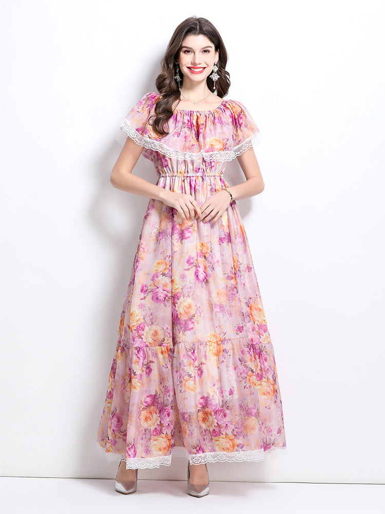Romantic Floral Lace-Trimmed Maxi Dress