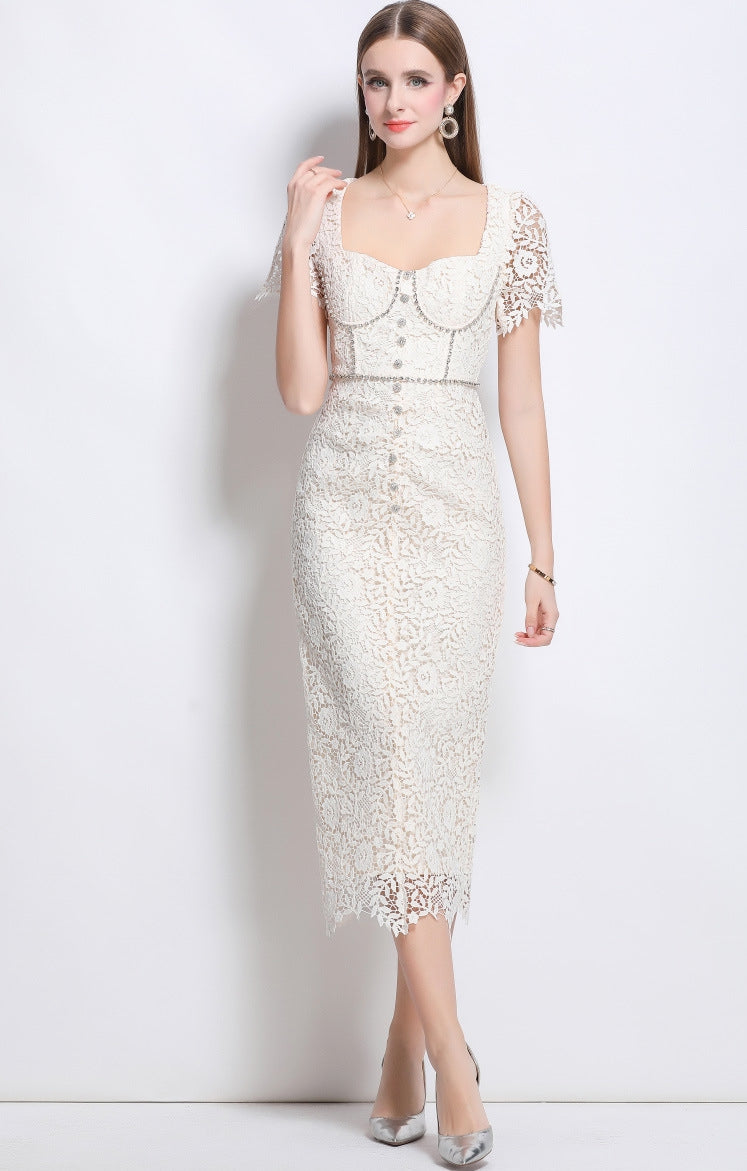 Elegant Lace Pearl-Button Midi Dress - 911152070726_APRICOT