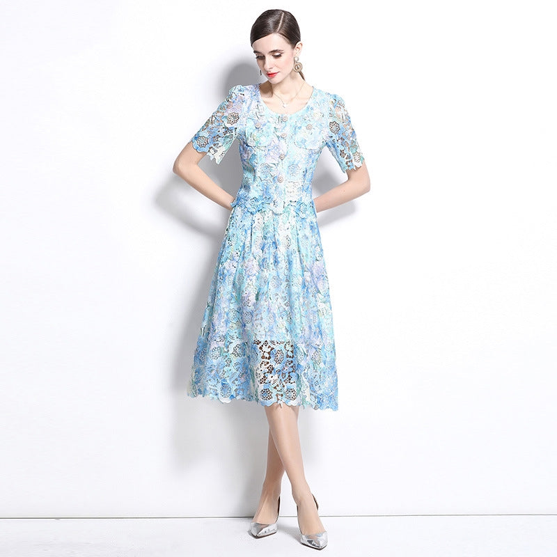 Sky Blue Lace Midi Two Piece Dress