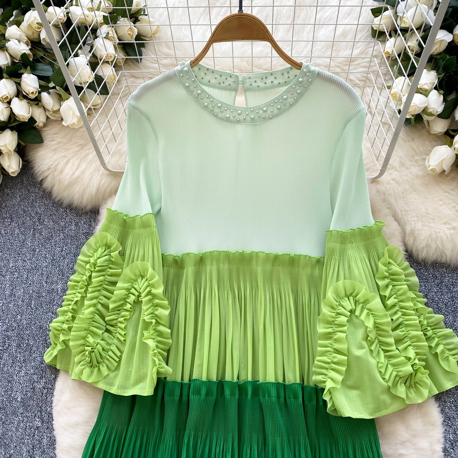 Green Ombre Pleated Midi Dress