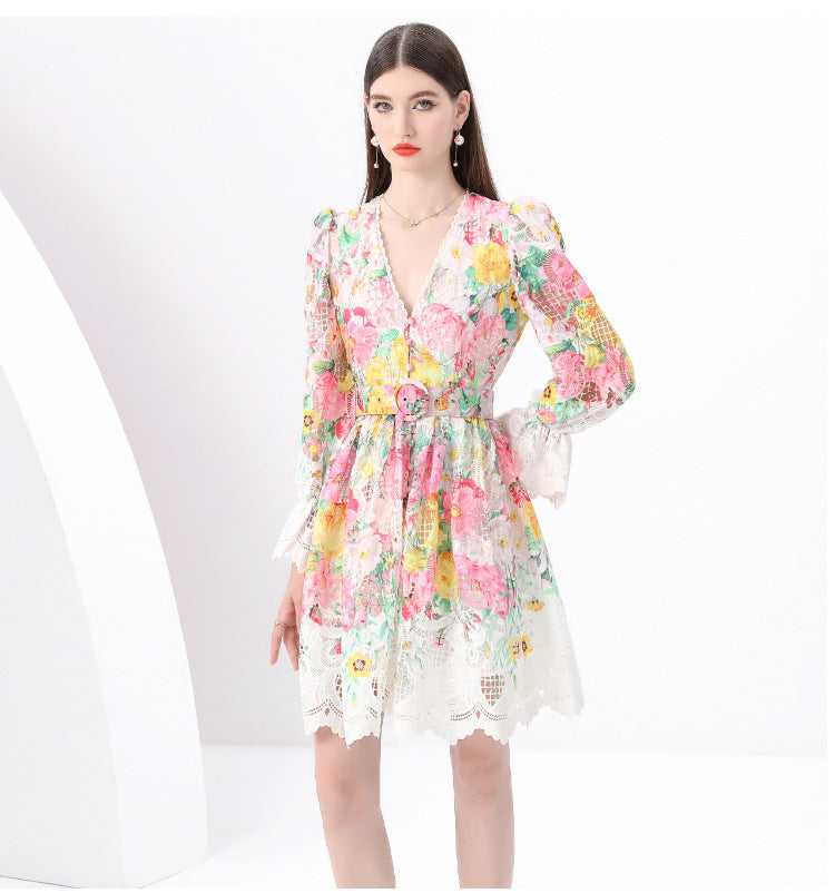 Lace Trim Floral V-Neck Dress