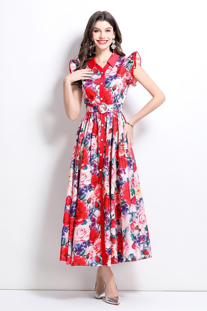 Rose Blossom Belted Maxi Dress