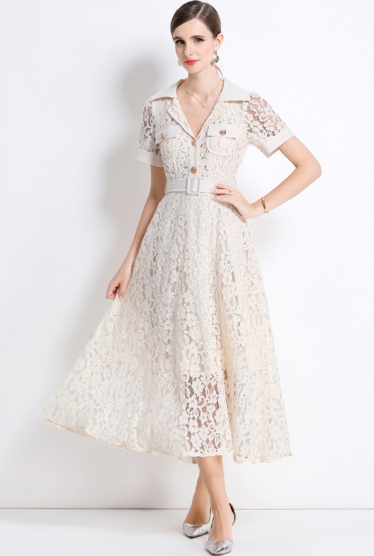 Cream Lace Utility Midi Dress