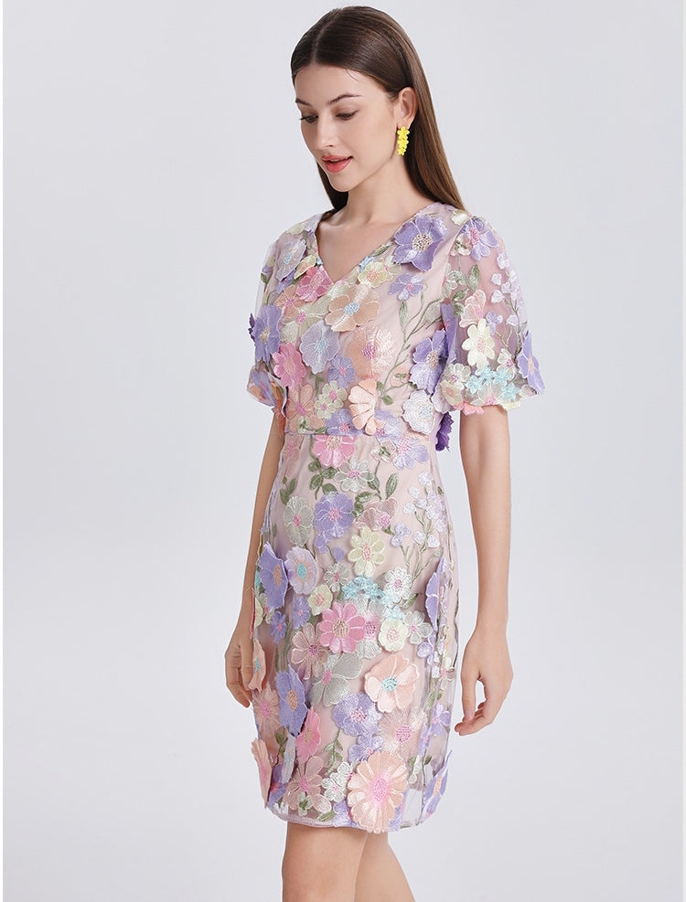 Pastel Garden Embroidered Mini Dress - 907313265705_LIGHTPURPLE