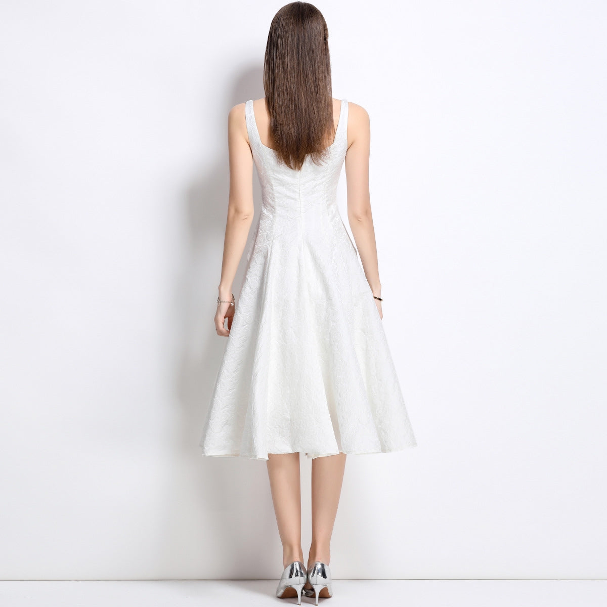 Elegant White Jacquard Midi Dress