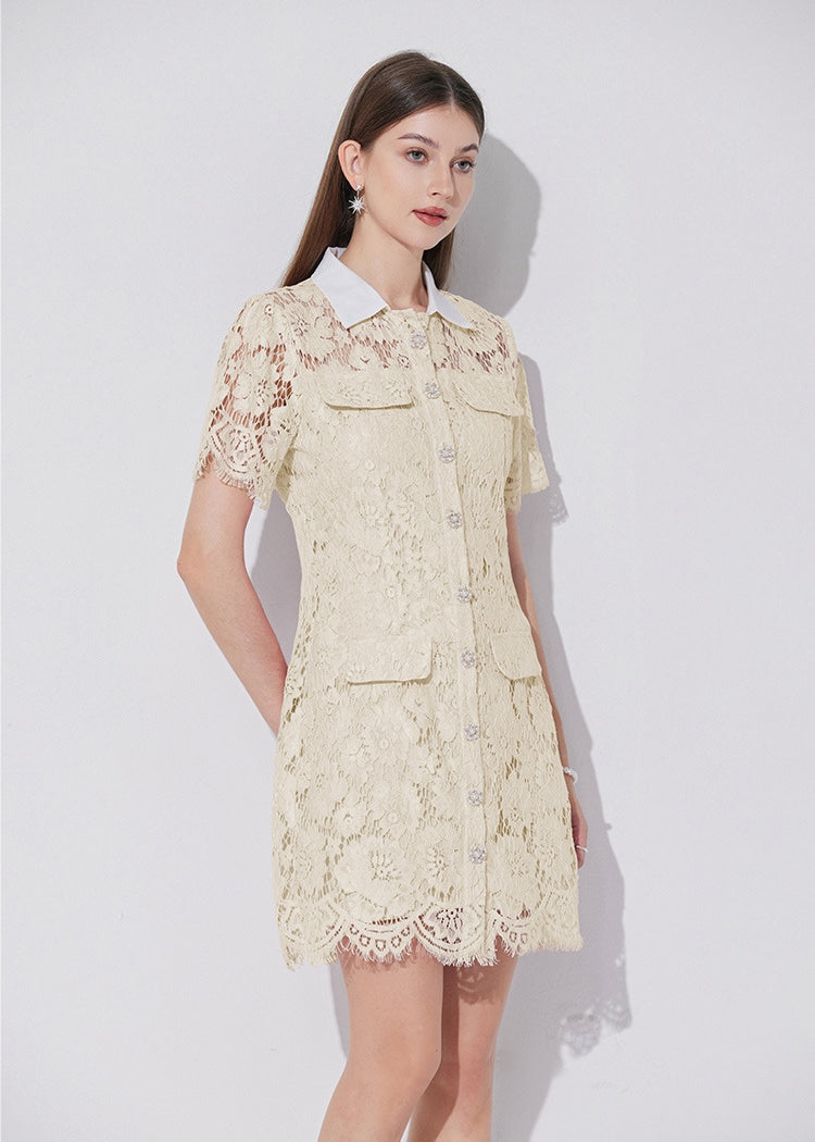 Vanilla Cream Collared Lace Utility Dress - 902176944234_APRICOT