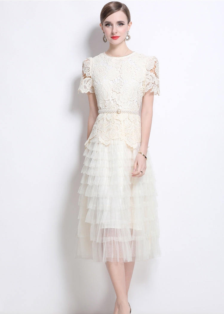 Vintage Bloom Lace & Tulle Midi Dress With Pearl Belt