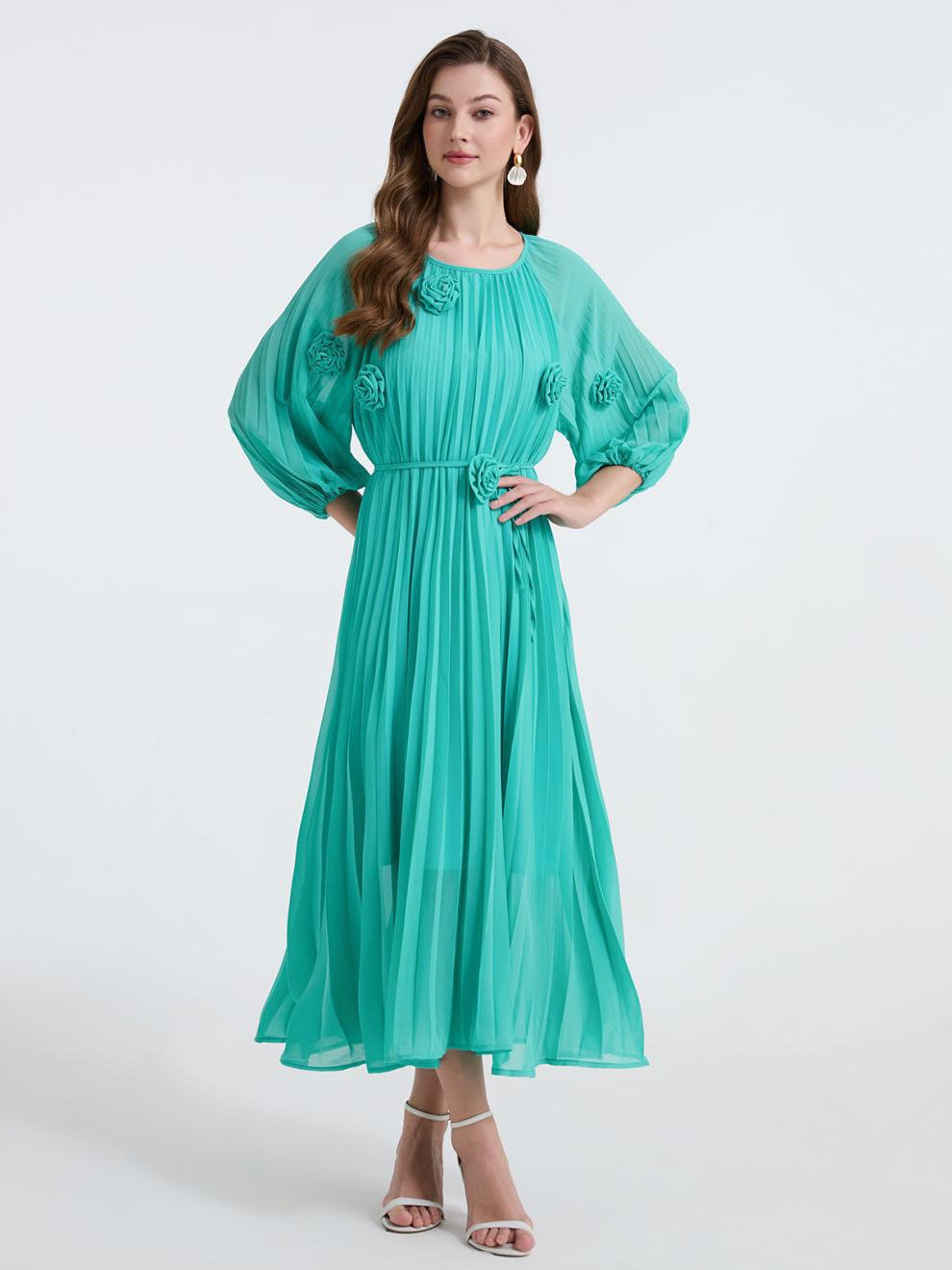 Emerald Breeze Pleated Midi Dress - 906472342218_GREEN