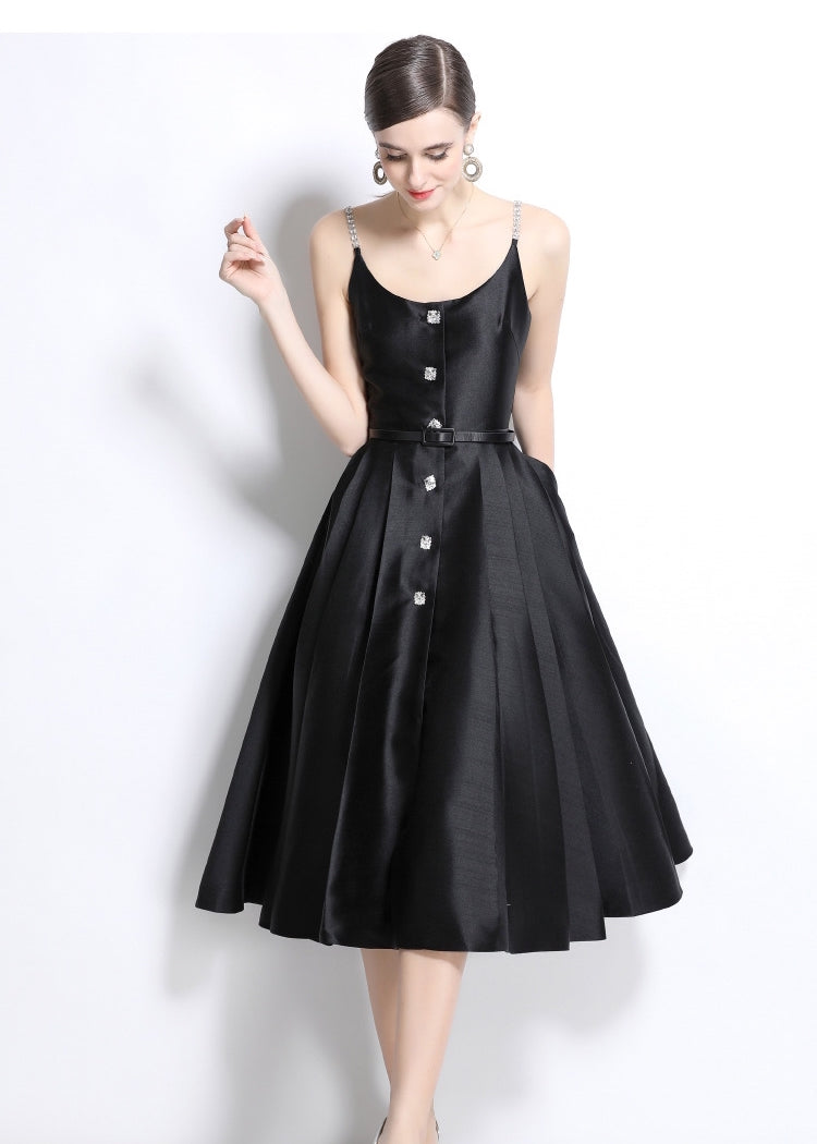 Black Satin Crystal-Button Midi Dress